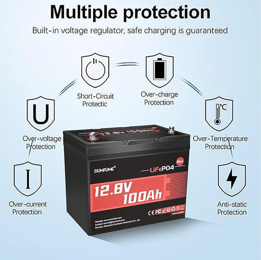 12V 100Ah Mini LiFePO4 Lithium Battery, Built-in 100A BMS,1280Wh Deep Cycle Rechargeable Battery 6000+ Cycles 10-Year Lifespan for RV, Solar, Off-Grid and Home Energy Storage