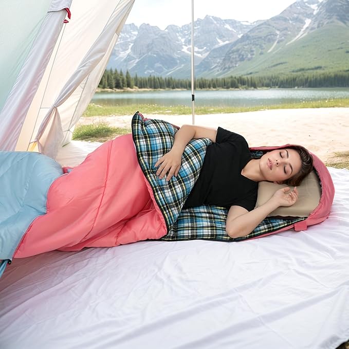 Cotton Flannel Lined Sleeping Bag for Adults Teens Kids, Cold Weather & Warm, 3 Seasons, Lightweight Compact Camping Essentials Equipment, Hiking, Outdoor, Travel