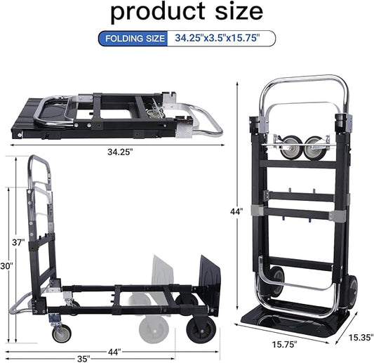 Convertible Folding Hand Truck Aluminium Hand Dolly Cart Foldable Dolly Cart Collapsible for Moving with Retractable Handle for Luggage Moving Warehouse, 500 Lbs Load Capacity