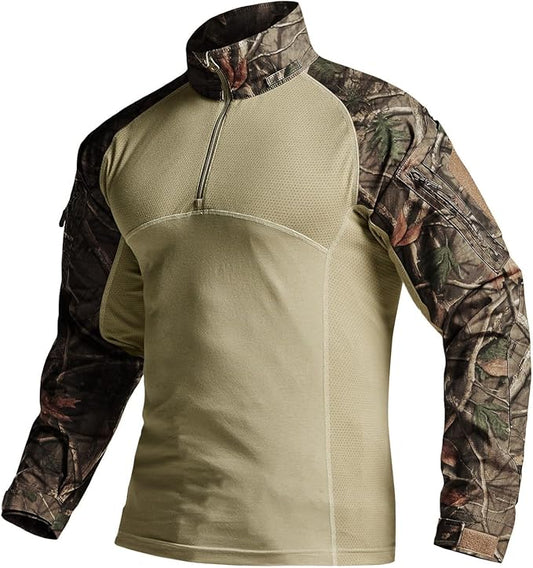 CQR Men's Combat Shirt Tactical 1/4 Zip Long Sleeve Military BDU Shirts Camo EDC Top with Pockets