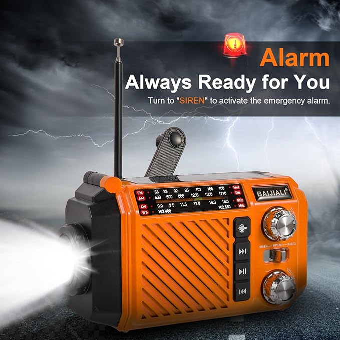 Hand Crank Emergency Weather Radio with 2600mAh/9620mWh Power Bank, NOAA AM FM Shortwave Portable Radio, Solar & USB-C Charging, Flashlight, SOS Alarm for Emergency Kits (Orange)