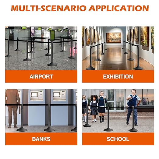 6 Pack Black Crowd Control Stanchions with 10FT Retractable Belts, Rubber Base Posts for Event Queue and Crowd Management