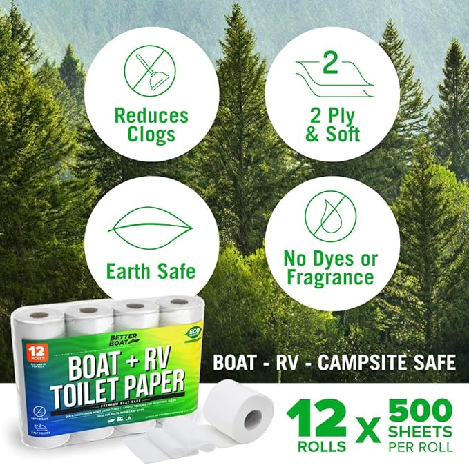 Boat and RV Toilet Paper, Septic Safe Quick Dissolving Tissue, 12 Single Rolls, Biodegradable 2-Ply for Marine, Travel, and Camper Systems, Camping Tank-Safe Bulk Pack