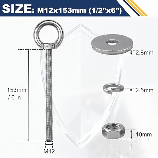 2 Pack M12 Stainless Steel Eye Bolts with Nuts, 1/2" x 6" Long Lifting Ring Eye Bolt， Eye Bolts Heavy Duty for Hang Tie Down Outdoor (2, M12x153mm (1/2"x6"))