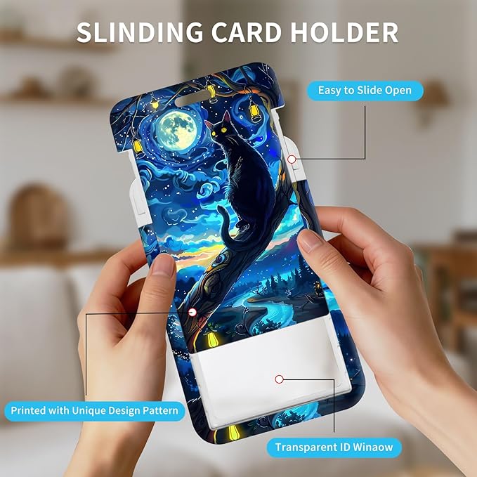 ID Badge Holder with Retractable Lanyard for Women & Men,Vertical ID Card Holder Wallet,Clear Window&Card Slot,Detachable Neck Strap for Nurse Teacher Office,Starry Night Cat