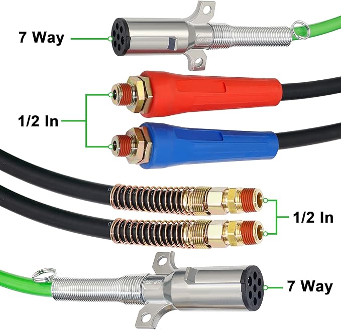 15FT Air Line Hose Kits, Dazakoot 3 in 1 Air Line for Truck Tractor Trailer, 7 Way ABS Electrical Cable and Semi AirLine Assembly with Aluminum Extension Handles and Emergency Glad Hands