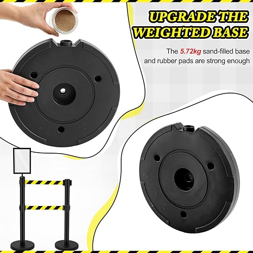 Therwen 6 Pcs Double Retractable Belt Barrier with Stanchion Dual Retractable Safety Belt Heavy Duty Crowd Control Stanchions Stainless Steel Post Holder Safety Barrier Stand (9.8 ft,Black and Yellow)