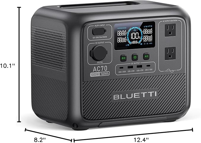 BLUETTI AC70 Portable Power Station, 768Wh Solar Generator w/ 2 1000W AC Outlets (Power Lifting 2000W), 100W Type-C, LiFePO4 Battery Backup for Road Trip, Off-Grid, Power Outage (Solar Panel Optional)