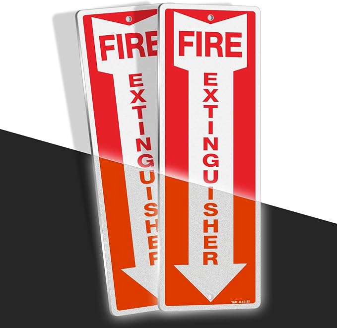 T&R Metal Fire Extinguisher Sign - 2 Pack - 12"x4" .040 Rust Free Heavy Aluminum, Reflective, Waterproof, Weatherproof and Fade Resistant, 2 pre-drilled holes, Easy to Install Indoors and Outdoors