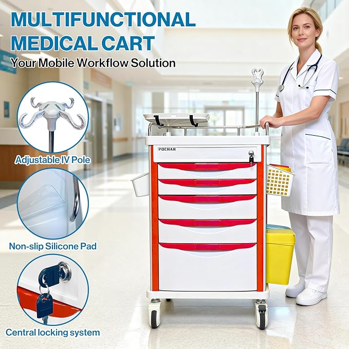 Pochar Medical Crash Cart with Emergency Accessory - Cardiac Board, IV Pole, O2 Holder, Power Strip, Trash Bin, Drawers with Dividers - Mobile Emergency Cart for Hospitals and Clinics