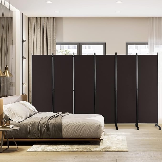 Giantex 6 Panel Room Divider, 132''W x 68''H Large Folding Privacy Screen, Rolling Partition Room Dividers for Home Office Studio Separation, Freestanding Fabric Wall Divider Screen on Wheels, Brown