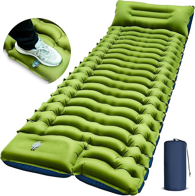 Camping Sleeping Pad, Ultralight Camping Mat with Pillow, Built-in Foot Pump Inflatable Sleeping Pads Compact for Camping Backpacking Hiking Traveling Tent,Single,Green