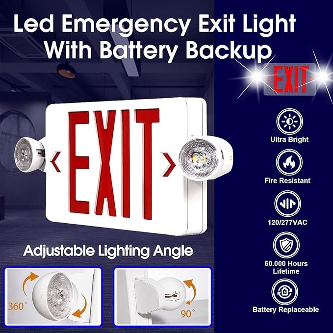 LED Exit Sign with Emergency Light, Double Sided Red with Battery Backup, Red Letter Emergency Exit Sign Lights with Two Adjustable Heads 120-277V AC UL Listed (8Pack, Red)