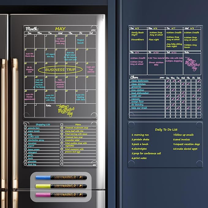 JJPRO Non-Magnetic Dry Erase Calendar - Monthly & Weekly Chart, List & Blank Board for Smooth Surfaces. Clear Reusable Calendar Sticks to Fridge, Cabinet, Door & Glass
