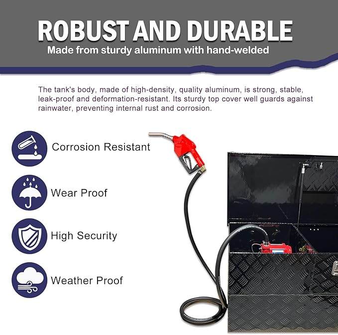 51 Gallons Fuel Transfer Tank Tool Box Combo Aluminum Gasoline Diesel Transfer Tank & Toolbox with 12 GPM Fuel Transfer Pump, Auxiliary Tank, Black Diamond Plate