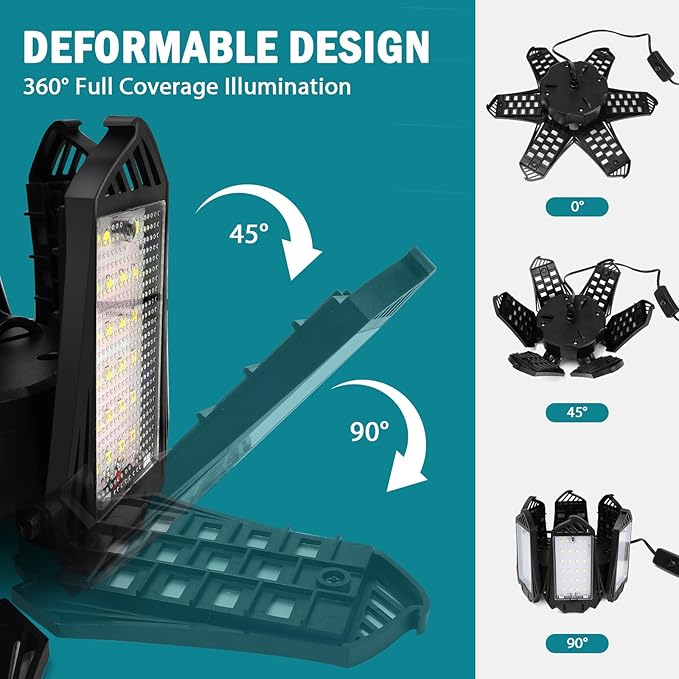 LIVOWALNY LED Work Light Compatible with Makita 18V Battery, 68W 6800LM LED Garage Flood Lights with 6+1 Deformable Panels, Battery Powered Pendant Ceiling Light for Shed Workshop Garage Home