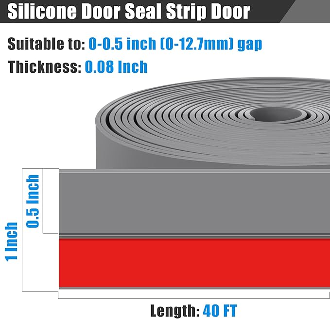 Draft Seal Tape for Doors and Windows 1 in x 40 Ft Silicone Weather Stripping Extra Thick 2mm Door Seal Strip with Strong Adhesive Draft Insulation Stopper Side Seal - Gray