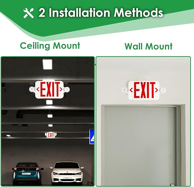 Gruenlich LED Exit Sign Combo with Emergency Lights, Adjustable Heads and Double Sided, Battery Backup, UL 924 Qualified, AC 120-277V, Commercial Emergency Exit Light for Business- 4 Pack