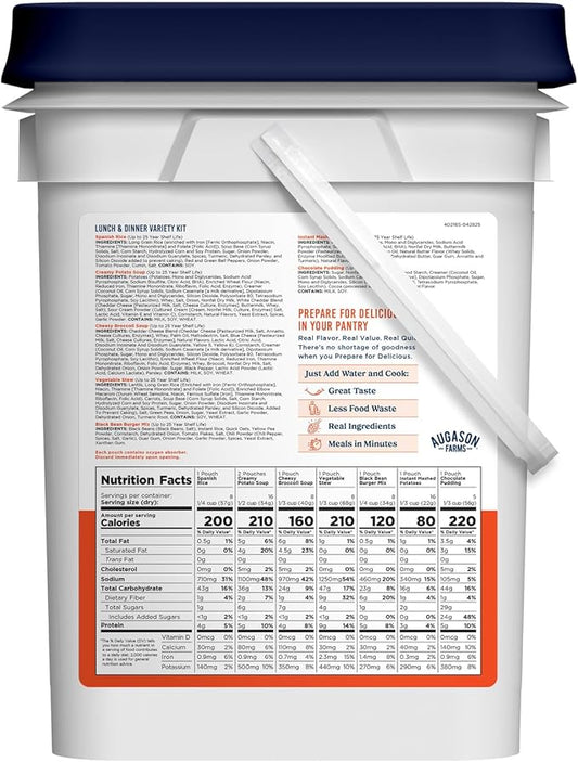 Lunch & Dinner Variety Kit Emergency Food Supply, 113 Servings, 25 Year Shelf Life - Dehydrated Meals, Survival Food Camping Essentials, 4 Gallon Bucket