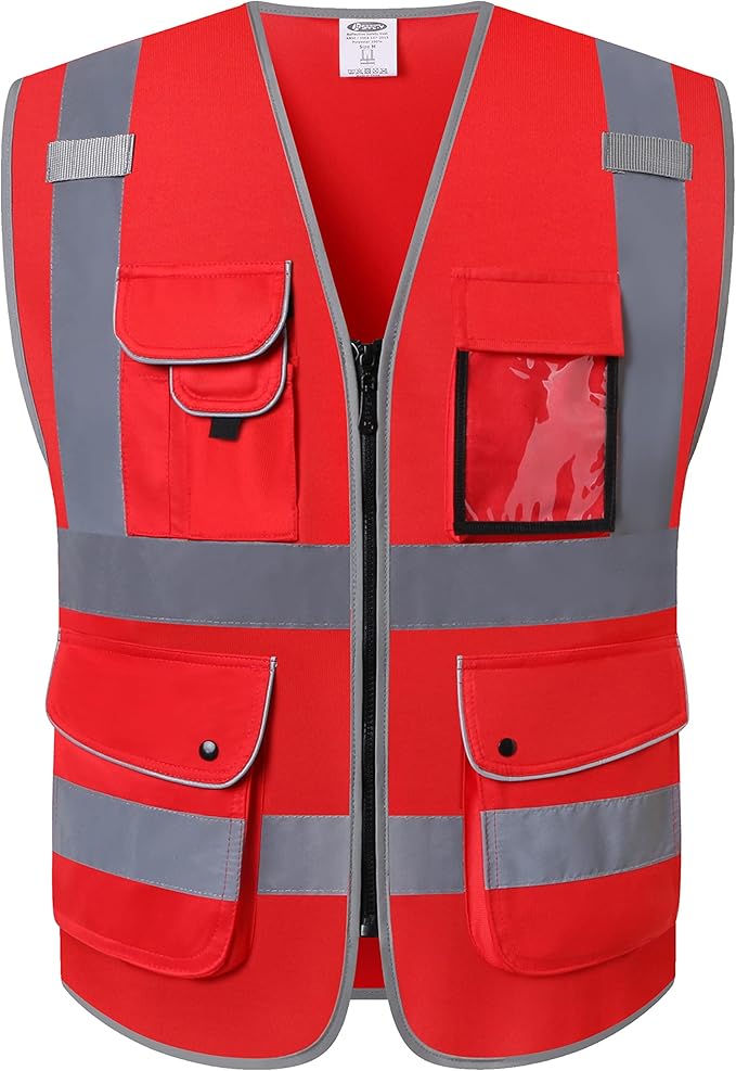 JKSafety 9 Pockets High Visibility Zipper Front Safety Vest With Reflective Strips,Meets ANSI/ISEA Standard (XX-Large, 150-Red)