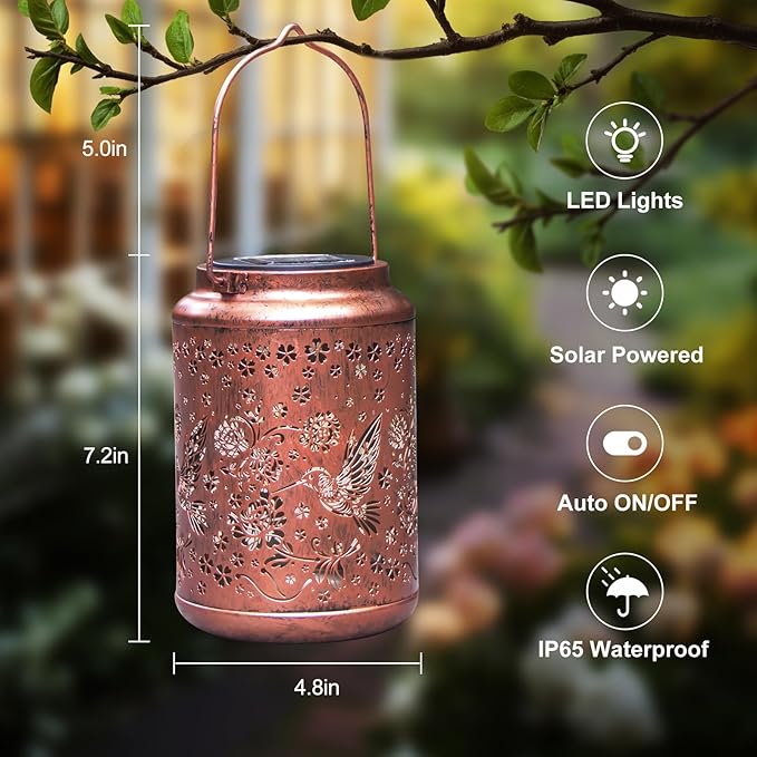 YISITEONE Hummingbird Outdoor Solar Lanterns, Garden Waterproof Metal Hanging Decor Lights for Patio Yard Pathway Lawn Front Porch, Birthday Gardening Gifts for Women Mom Grandma