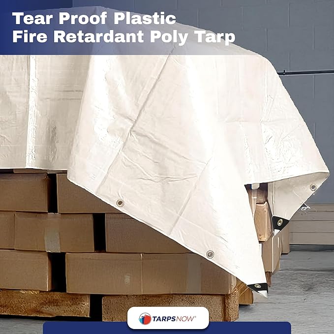 Tarps Now 10x40 Feet Fire Retardant Poly Tarp |12 MIL Heavy Duty Waterproof Cover |Rip and Tear Proof Plastic Tarp with Rustproof Aluminum Grommets & Reinforced Edges |Ideal for Camping - White