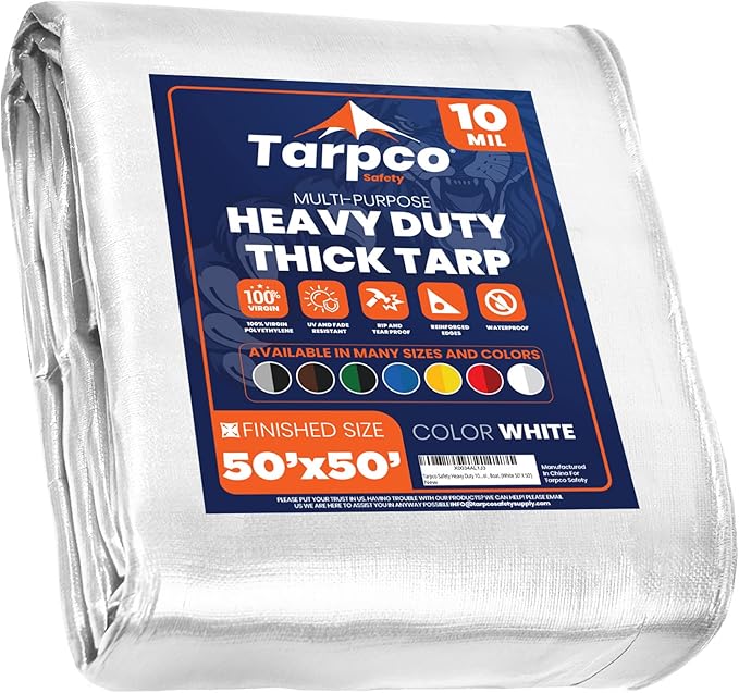 Tarpco Safety Heavy Duty 10 Mil Tarp Cover, Waterproof, UV Resistant, Rip and Tear Proof, Poly Tarpaulin with Reinforced Edges for Camping, Roof, Patio, Pool, Boat. (White 50′ X 50′)