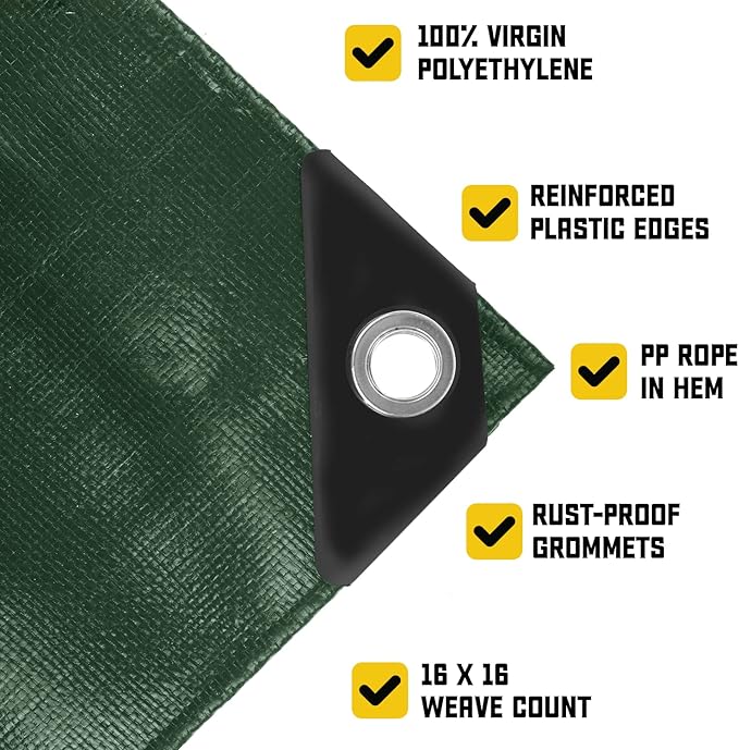 Core Tarps Extreme Heavy Duty 20 Mil Tarp Cover, Waterproof, UV Resistant, Rip and Tear Proof, Poly Tarpaulin with Reinforced Edges for Roof, Camping, Patio, Pool, Boat (Green/Black 20′ X 35′)