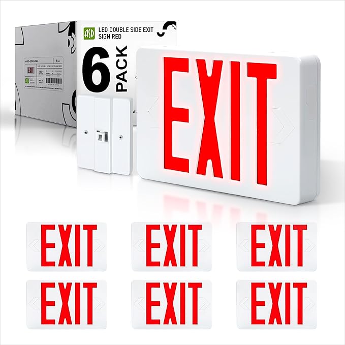 ASD LED Exit Sign with Battery Backup - UL 120/277V Double Face Emergency Exit Light for Business, Office Commercial Hardwired Damp Location Power Outage Lights, Red, 6 Pack