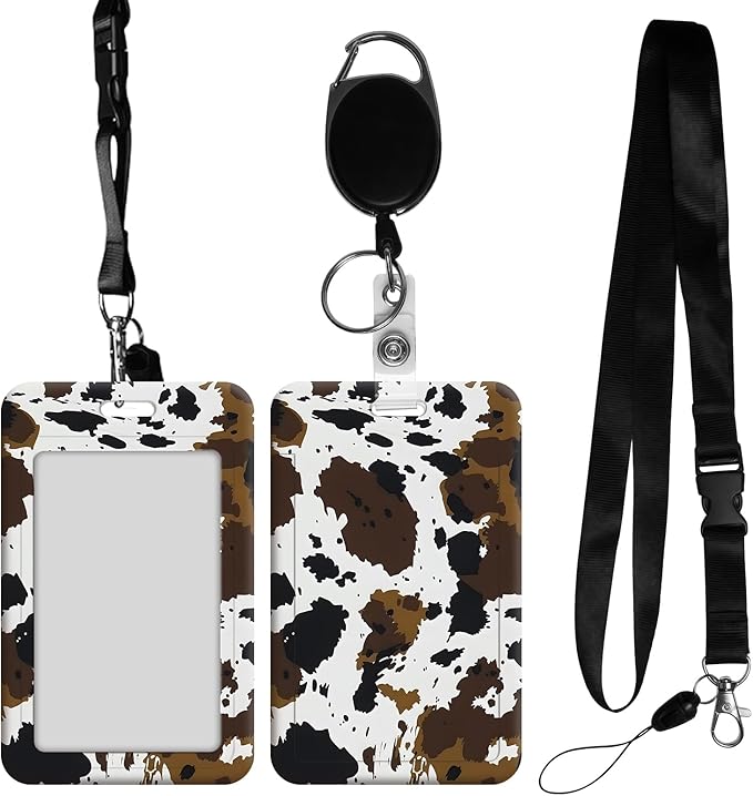 ID Badge Holder with Retractable Lanyard for Women & Men,Vertical ID Card Holder Wallet,Clear Window&Card Slot,Detachable Neck Strap for Nurse Teacher Office,Cow Print
