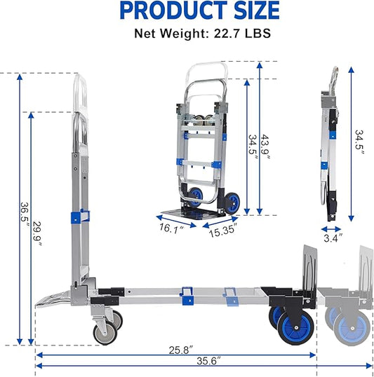Upgraded 3 in 1 Aluminum Folding Hand Truck, 600lbs Capacity, Heavy Duty Convertible Dolly with Retractable Handle and 4 Rubber Wheels, Collapsible Cart for Moving Home, Office, Warehouse (Blue)