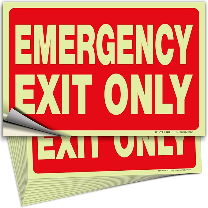 iSYFIX Emergency Exit Only Glow in the Dark Sign Stickers – 12 Pack 10x7 Inch – Photoluminescent Vinyl, Laminated for UV, Weather & Fade Resistance, for Business, School, Office, Warehouse