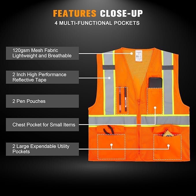 ProtectX Safety Vest for Men Women ANSI Class 2 High Visibility Mesh Reflective Construction Vest with 4 Pockets
