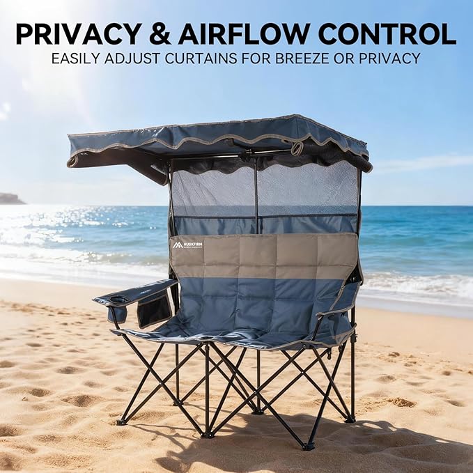 Double Beach Chair With Canopy Shade Camping Chair With Canopy Oversized Camping Chair With Removable Roof Folding Loveseat Chair With Two Cup Holders and Cooler Bag For Camping,Beach, Fishing