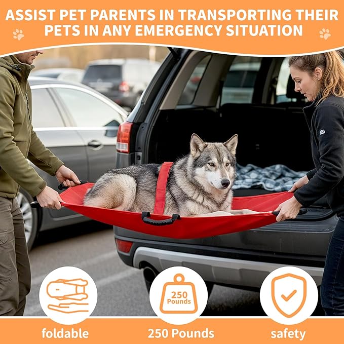 Geiserailie Transport Stretcher for Large Dogs with 6 Handles 47" L x 29" W Animal Folding Emergency Transport Carrier with Safety Strap, Max 250lbs(Red)