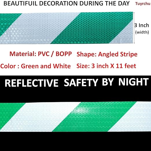 Green and White Reflective Tape Outdoor Waterproof 3 inch, High Visibility Hazard Conspicuity Safety Marking Tape (11 feet)