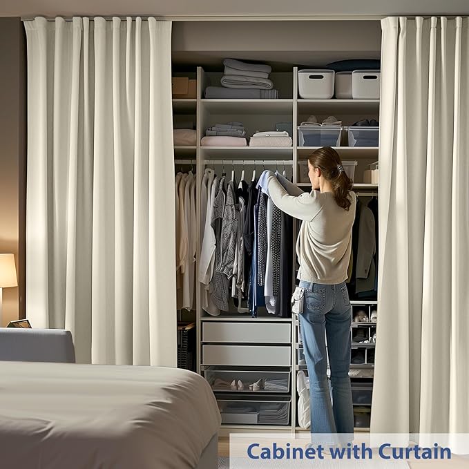 Room Divider Ceiling Mounted Curtains Track Sets Extra Wide Blackout Curtain Flexible Tracks for Bedroom Privacy Partition Separator, 1 Panel Beige Drape and White Rail, W15 x H10ft