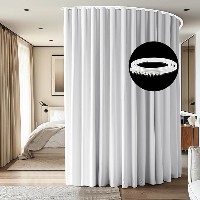 Room Divider Ceiling Mounted Curtains Track Sets Extra Wide Blackout Curtain Flexible Tracks for Bedroom Privacy Partition Separator, 1 Panel White Drape and White Rail, W8.3 x H7ft