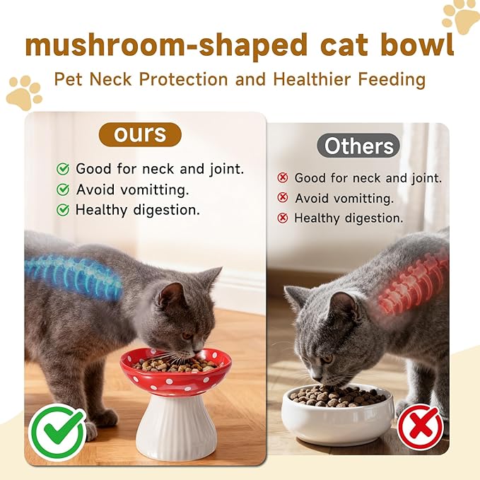 Mushroom Cat Bowl, Elevated Cat Food & Water Bowl, Lead & Cadmium Free Ceramic - Yellow