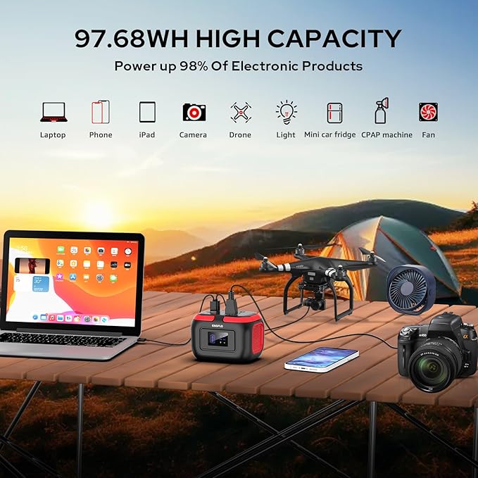Portable Power Station, 97Wh Solar Generator, Lithium Battery Power with 110V AC 120W Peak Socket/DC/USB QC3.0/LED Light for Outdoor Camping Trip Home Backup Emergency