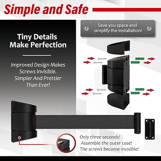DuraSteel Wall Mount Retractable Belt Barrier - 6.5 Ft Black Safety Belt in Sturdy Black Casing - Guardian 2.0 Indoor & Outdoor Do Not Cross Caution Tape for Crowd Control Queue Barrier, Line Divider