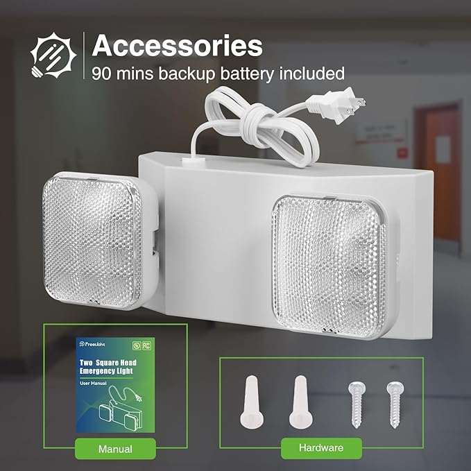 FREELICHT 4 Pack Emergency Lights with Battery Backup, AC 120V, Two Head Adjustable, LED Emergency Square Lighting Fixture for Business Commercial Use with 4FT Plug in Cord, UL Listed