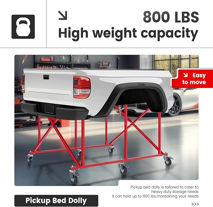 Folding Pickup Bed Dolly- Easily Fold Large Auto Body Truck Bed Cart 800 lbs, Truck Bed Dolly Lifter Automotive Body Cart Pick Up Bed Stand W/Casters Steel Powder Coated Red