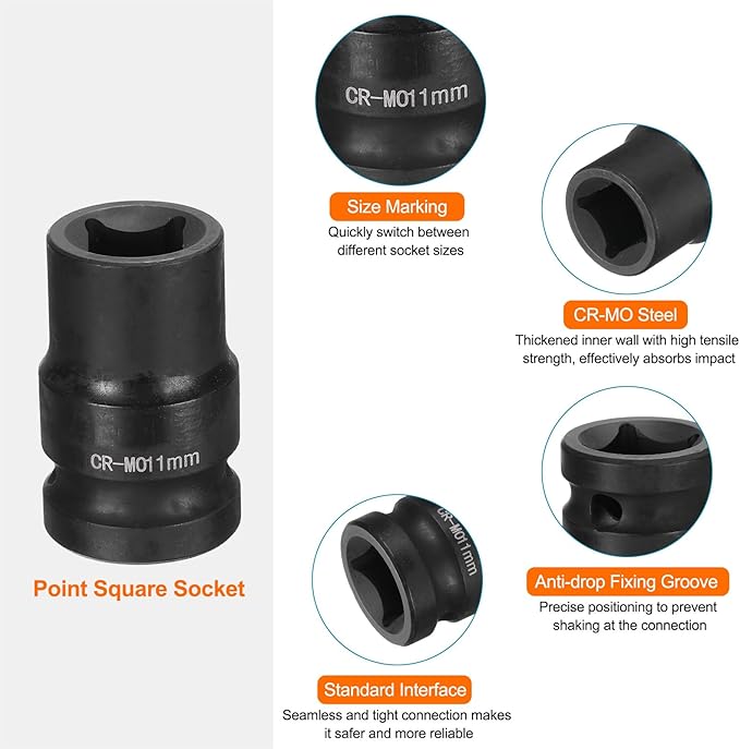 HARFINGTON 4 Point Square Socket 1/2" Drive 11mm Metric Square Impact Socket CR-MO Blackening Standard Wheel Sockets Pneumatic Socket Tool for Auto Repair Mechanical Maintenance Home Use