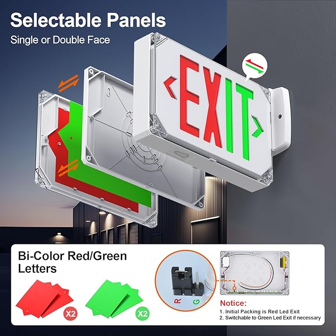 Wet Location Exit Sign,Exterior Weatherproof LED Exit Light with Battery Backup,Switchable Red/Green Colors,Double Sided Emergency exit sign,Outdoor Waterproof Hardwired Emergency Exit Light,120V/277VAC,UL Listed(2 Pack)