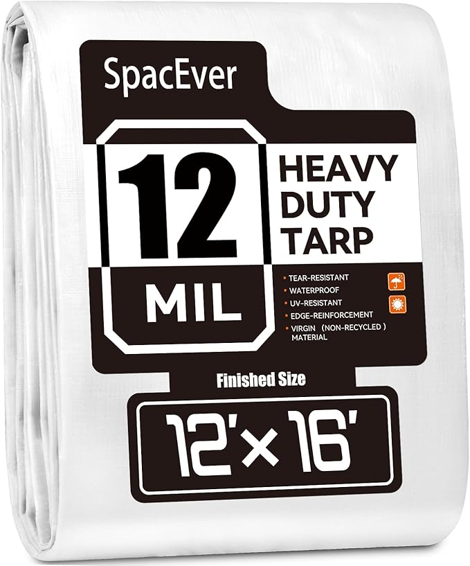 Tarp Heavy Duty 12x16 FT, 12 Mil Thick Large Tarps Water-Proof with Grommets, UV& Tear Resistant, Plastic Cover for Pool Roof Tent Outdoor Firewood, White