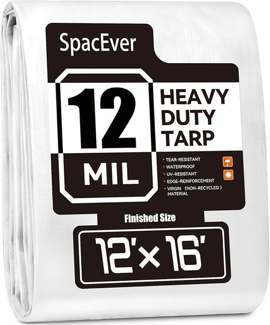 Tarp Heavy Duty 12x16 FT, 12 Mil Thick Large Tarps Water-Proof with Grommets, UV& Tear Resistant, Plastic Cover for Pool Roof Tent Outdoor Firewood, White