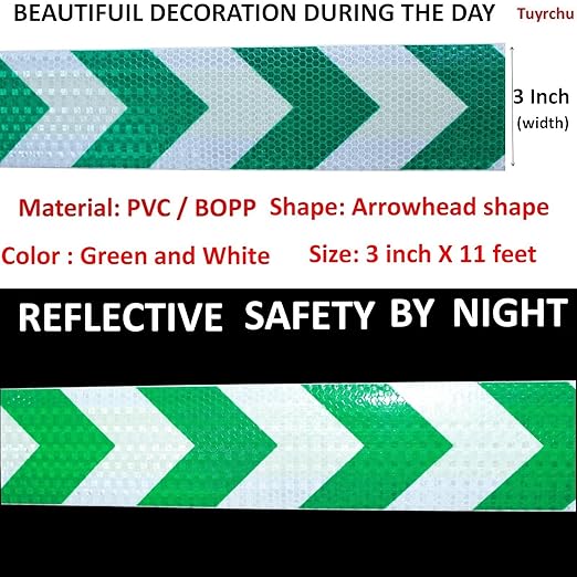 Green and White Reflective Tape Outdoor Waterproof 3 inch, High Visibility Conspicuity Industrial Marking Tape (11 feet)
