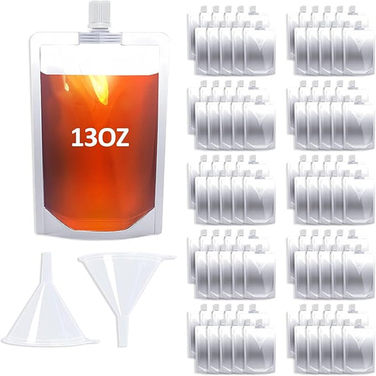 13OZ 100PCS Drink Pouches,Reusable Plastic Flask with Funnel for Drinking Liquid Beverage Juice,Stand Up Drink Bags for Travel Camping Outdoor Sport Concert Events,Leak-Proof Food Grade
