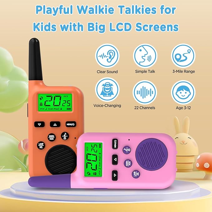 Peakeep Walkie Talkies for Kids Long Range 3 Miles, Voice-Changing Toys Gifts for 3-12 Years Old Boys Girls, 2 Way Radios Big LCD Screen, Flashlight, Camping Hiking Outdoor, Battery Operated, 2 Packs